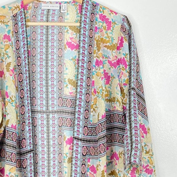 SUSAN GRAVER printed sheer woven cardigan Large - Picture 4 of 6